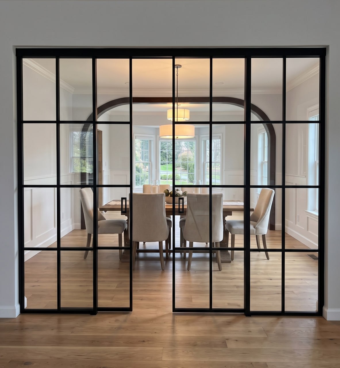 Double sliding glass partition with extra grid for designer dining room by WiseGlass NY